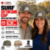 Couple beside the water wearing camouflage caps with sample Your Image fish and hook graphics