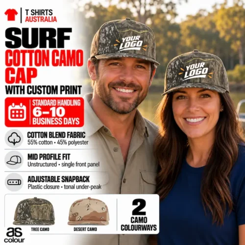 Couple beside the water wearing camouflage caps with sample Your Image fish and hook graphics