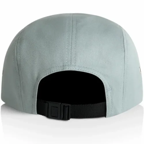 Back view of the Mineral AS Colour Finn Five Panel Cap showing the black adjustable strap and plastic fastener