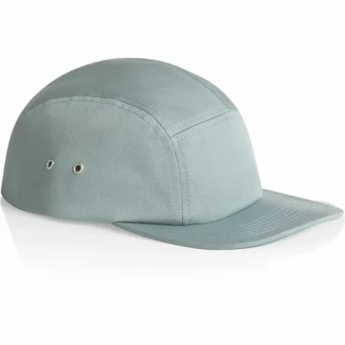 Side view of the Mineral AS Colour Finn Five Panel Cap showing metal eyelets, panel seams and flat peak