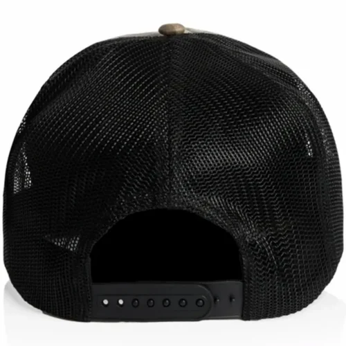 Back view of the Tree Camo/Black AS Colour Stock Contrast Camo Trucker 1110C showing black mesh and an adjustable snapback closure