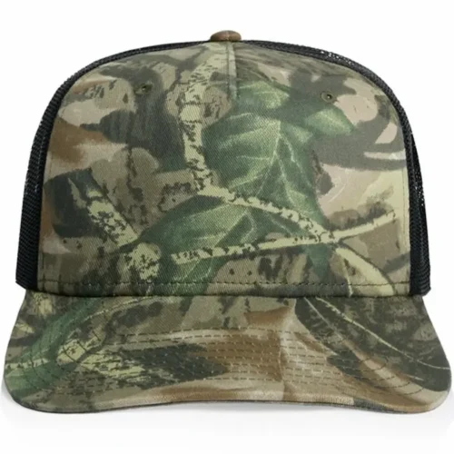 Front view of the AS Colour Stock Contrast Camo Trucker 1110C showing the Tree Camo front panel and stitched peak