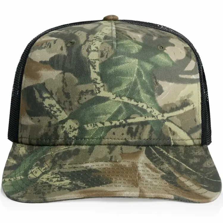 Front view of the AS Colour Stock Contrast Camo Trucker 1110C showing the Tree Camo front panel and stitched peak