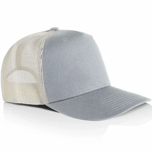 Angled side view of the AS Colour Stock Contrast Trucker 1110 with a smoke front and peak and contrasting ecru mesh back