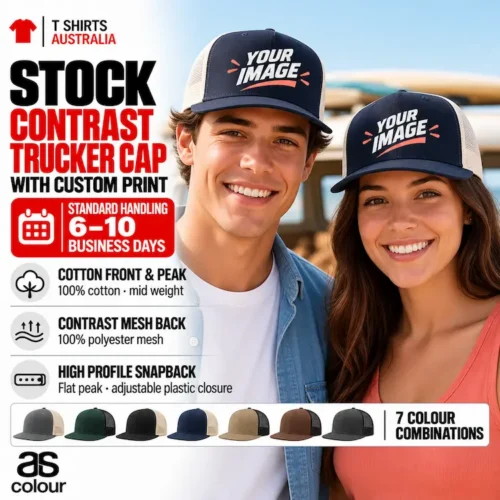 Couple wearing navy trucker caps with ecru mesh backs and sample Your Design wave prints
