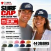 Couple at the beach wearing dark blue caps with sample Your Logo sun and wave graphics