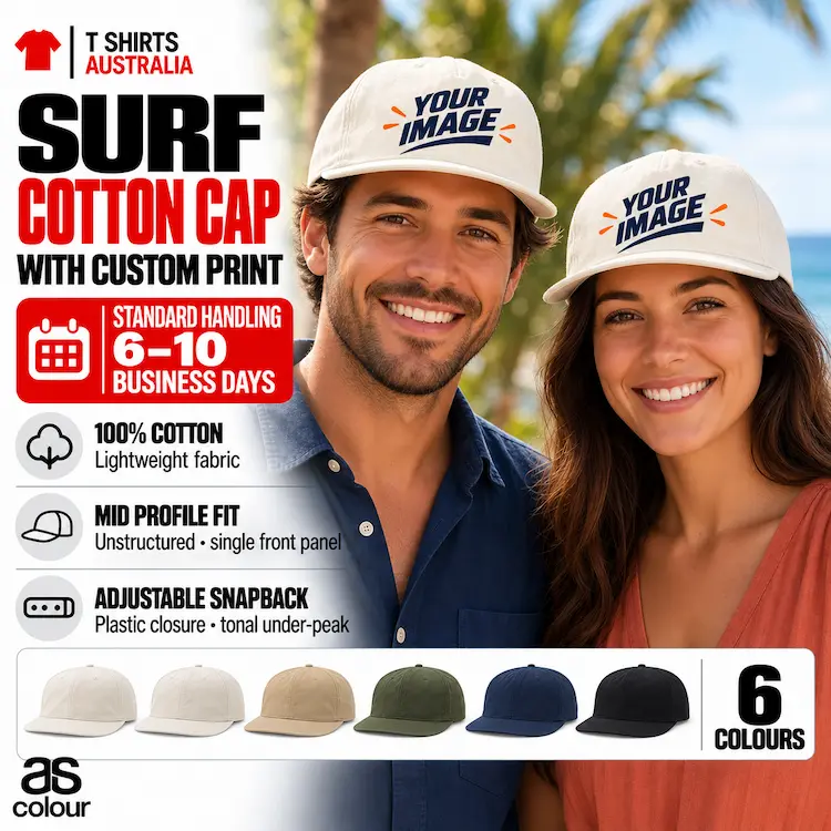 Couple wearing light-coloured caps with sample Your Design wave and palm graphics beside a palm-lined beach