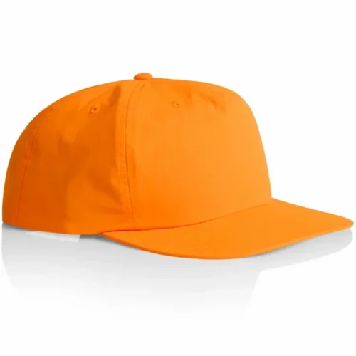 Angled side view of the Safety Orange AS Colour Surf Safety Cap 1114F showing the crown shape, panel seams and flat peak