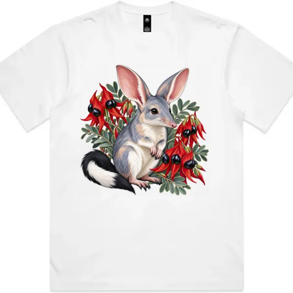 Bilby Among Sturt Desert Peas printed on a white Boxy T-Shirt, design by Australia Art Prints