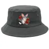 Grey bucket hat with a small Bilby Among Sturt Desert Peas print on the front