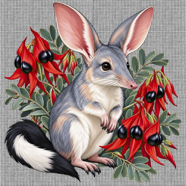 Bilby Among Sturt Desert Peas printed on a white Cross Stitch Canvas, design by Australia Art Prints