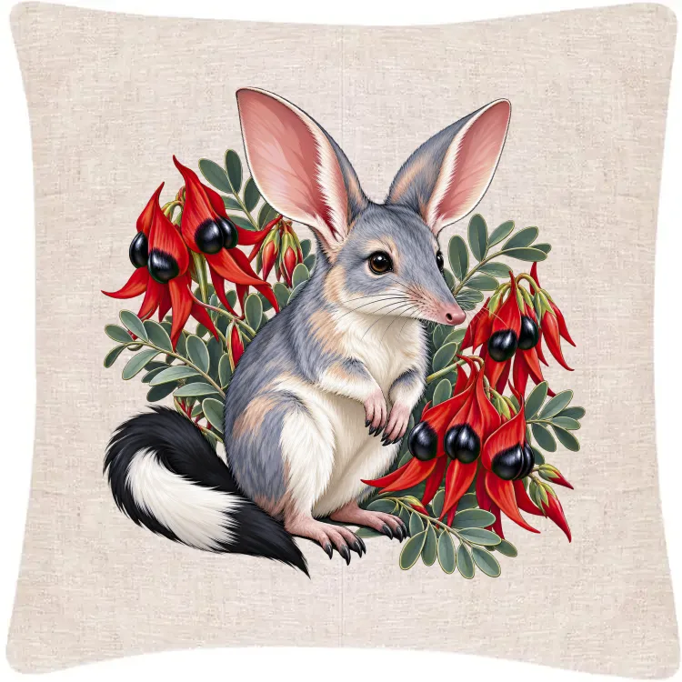 Oatmeal linen cushion cover printed with the Bilby Among Sturt Desert Peas design