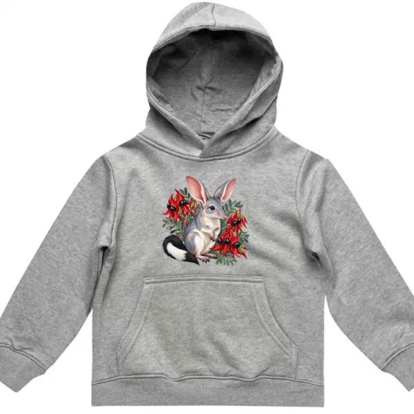 Bilby Among Sturt Desert Peas printed on a grey marle Kids Hoodie, design by Australia Art Prints