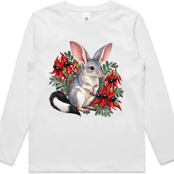 Bilby Among Sturt Desert Peas printed on a white Kids Long Sleeve T-Shirt, design by Australia Art Prints