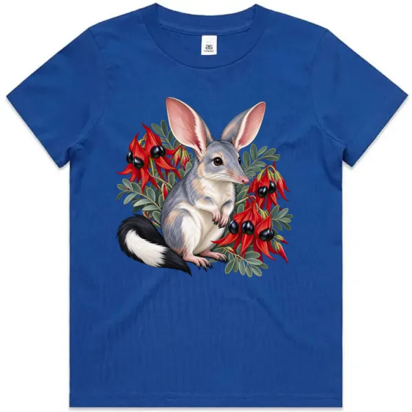 Bilby Among Sturt Desert Peas printed on a bright royal Kids T-Shirt, design by Australia Art Prints