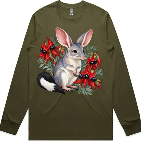 Bilby Among Sturt Desert Peas printed on an army Long Sleeve T-Shirt, design by Australia Art Prints