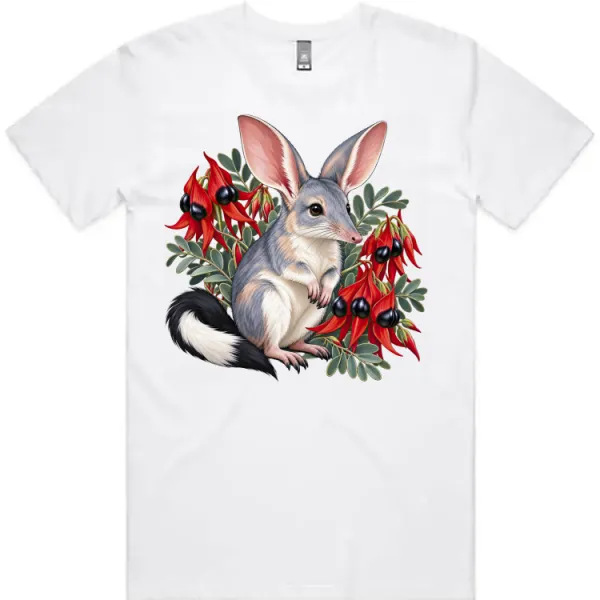 Bilby Among Sturt Desert Peas printed on a white Men’s T-Shirt, design by Australia Art Prints