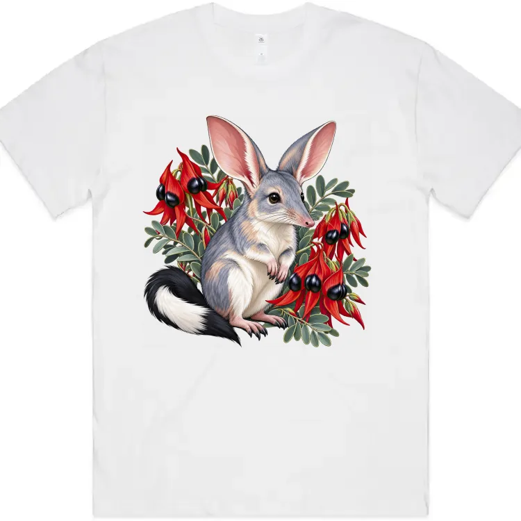 White oversized T-shirt with the Bilby Among Sturt Desert Peas print on the front
