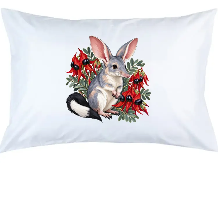 White cotton pillow case with the Bilby Among Sturt Desert Peas print in the centre