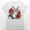 White premium men’s T-shirt with the Bilby Among Sturt Desert Peas print on the front, a grey bilby among red desert peas