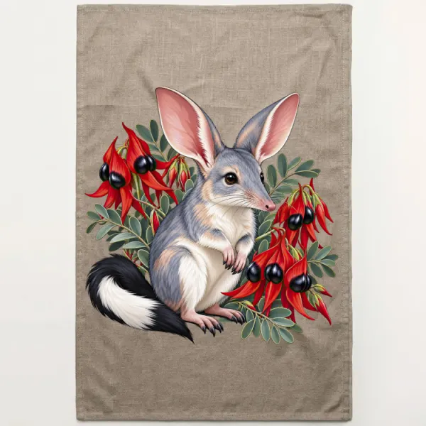 Bilby Among Sturt Desert Peas printed on a flax Tea Towel, design by Australia Art Prints