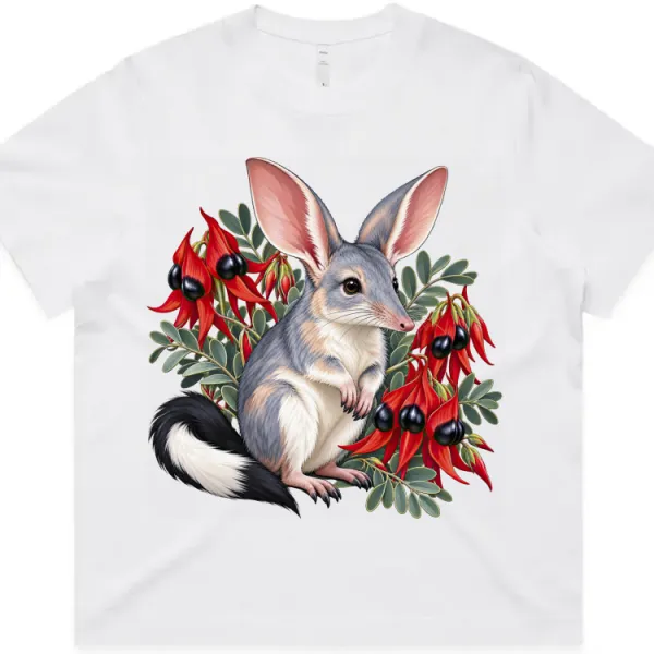 Bilby Among Sturt Desert Peas printed on a white Women’s Boxy T-Shirt, design by Australia Art Prints