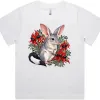 White AS Colour Martina women’s T-shirt with a grey bilby and red Sturt desert peas printed on the front