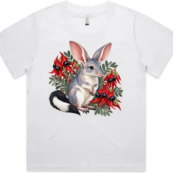 Bilby Among Sturt Desert Peas printed on a white Women’s Fitted T-Shirt, design by Australia Art Prints