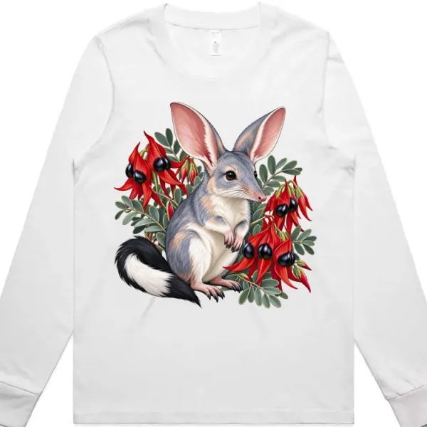 Bilby Among Sturt Desert Peas printed on a white Women’s Long Sleeve T-Shirt, design by Australia Art Prints