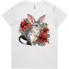 White women’s T-shirt printed on the front with the Bilby Among Sturt Desert Peas design, a grey bilby among red flowers