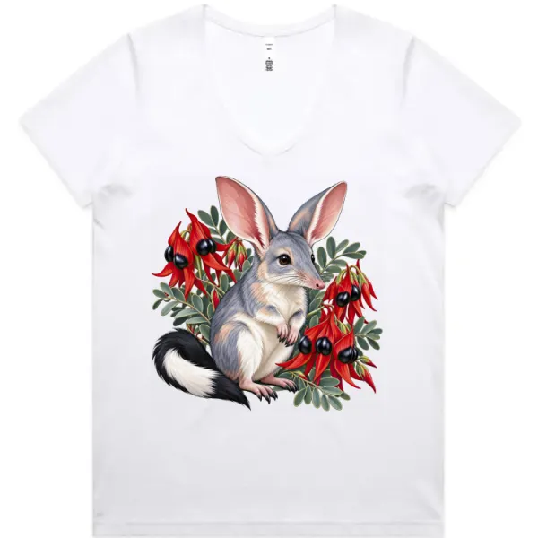 Bilby Among Sturt Desert Peas printed on a white Women’s V-Neck T-Shirt, design by Australia Art Prints