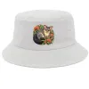 White bucket hat with a small Brushtail Possum Among Eucalyptus Blooms print on the front