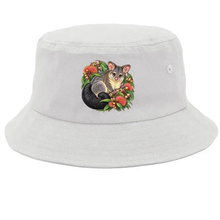 White bucket hat with a small Brushtail Possum Among Eucalyptus Blooms print on the front