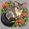 White Penelope cross stitch canvas printed in full colour with the Brushtail Possum Among Eucalyptus Blooms design
