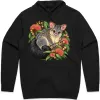 Black hoodie with the Brushtail Possum Among Eucalyptus Blooms print on the front above the pocket