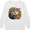 White kids long sleeve T-shirt with a brushtail possum and pink blossoms printed on the front