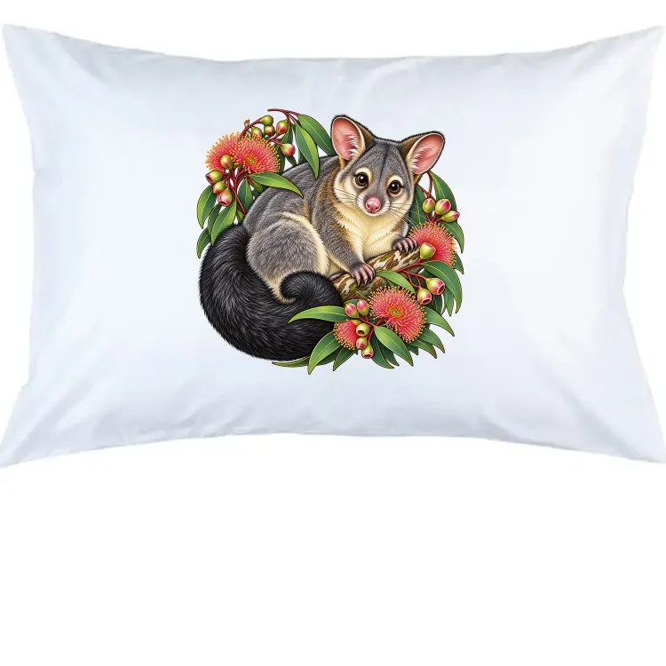 White pillow case printed with a brushtail possum among pink eucalyptus blossoms