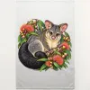 Natural linen tea towel printed with a brushtail possum among pink eucalyptus blossoms