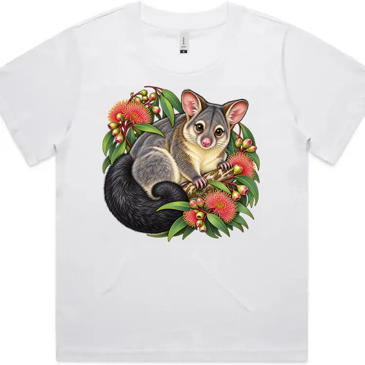 White women’s Martina T-shirt with a brushtail possum and pink blossoms printed on the front