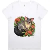 Brushtail Possum Among Eucalyptus Blooms printed on a white Women’s V-Neck T-Shirt, design by Australia Art Prints