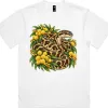Carpet Python Among Golden Wattle printed on a white Boxy T-Shirt, design by Australia Art Prints