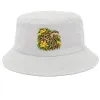 White bucket hat with a small Carpet Python Among Golden Wattle print on the front