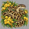 White Penelope cross stitch canvas printed in full colour with the Carpet Python Among Golden Wattle design