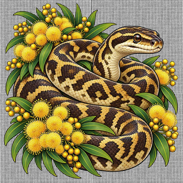 White Penelope cross stitch canvas printed in full colour with the Carpet Python Among Golden Wattle design