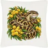 Off-white linen cushion cover printed with a carpet python and golden wattle