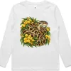 White kids long sleeve T-shirt with a carpet python and golden wattle printed on the front