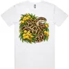 White men’s T-shirt printed with a coiled carpet python among golden wattle