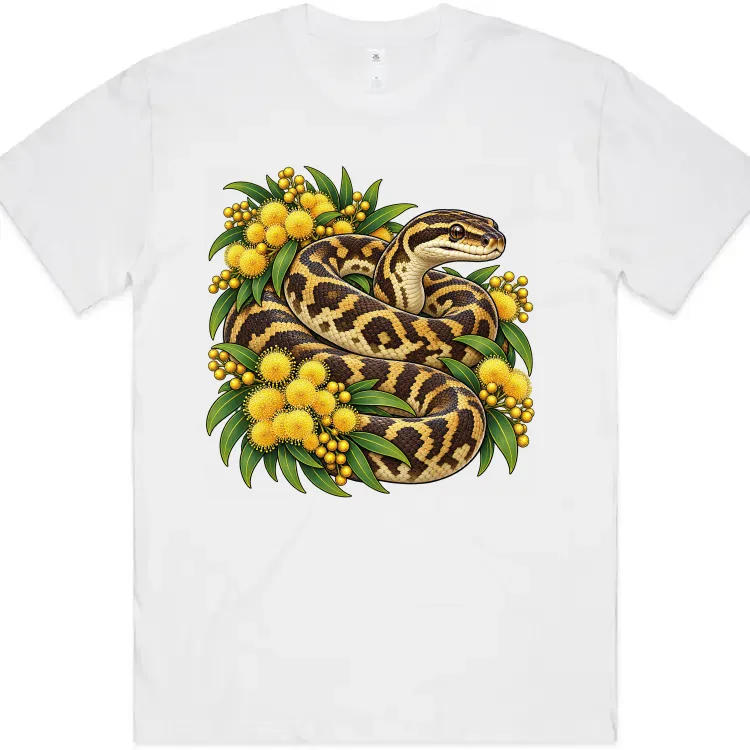 Carpet Python Among Golden Wattle printed on a white Oversized T-Shirt, design by Australia Art Prints
