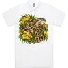 White polo shirt printed on the front with a carpet python among golden wattle