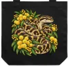 Carpet Python Among Golden Wattle printed on a black Tote Bag, design by Australia Art Prints